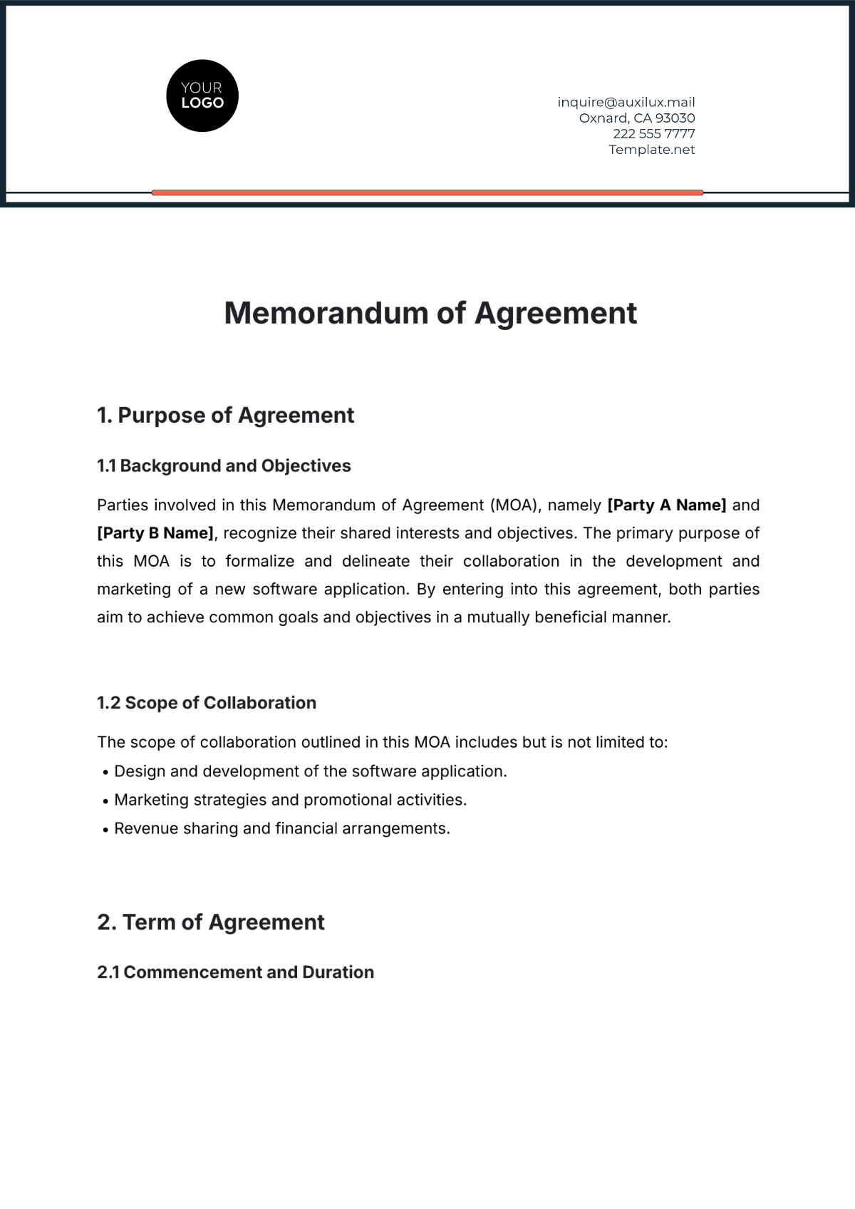 Free Memorandum of Agreement Template