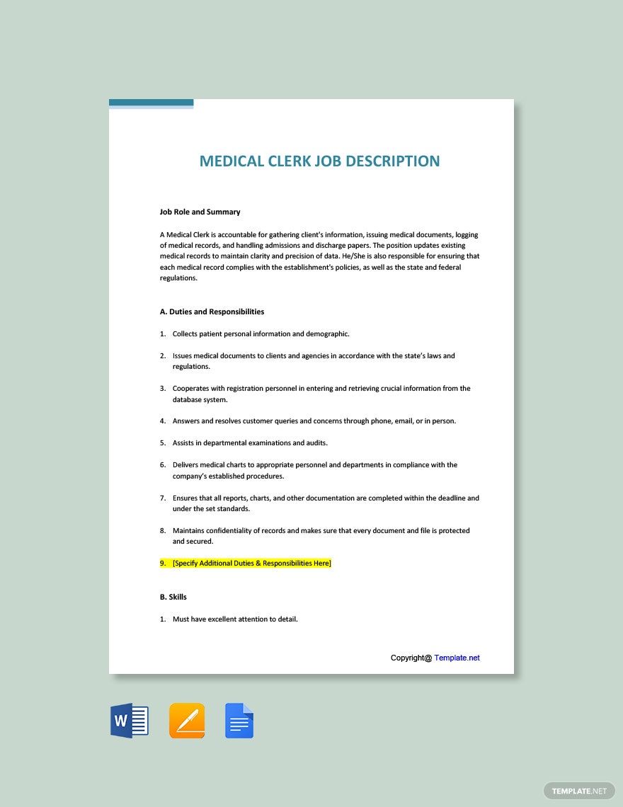Medical Clerk Job Ad and Description Template