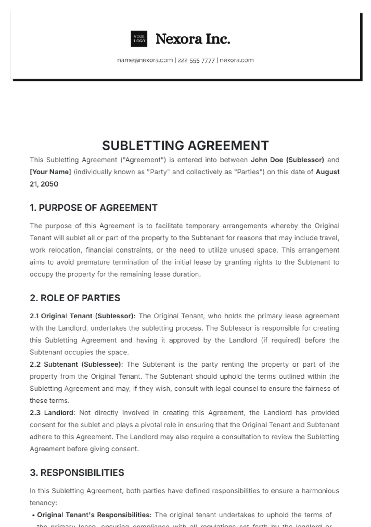 Subletting Agreement Template - Edit Online & Download