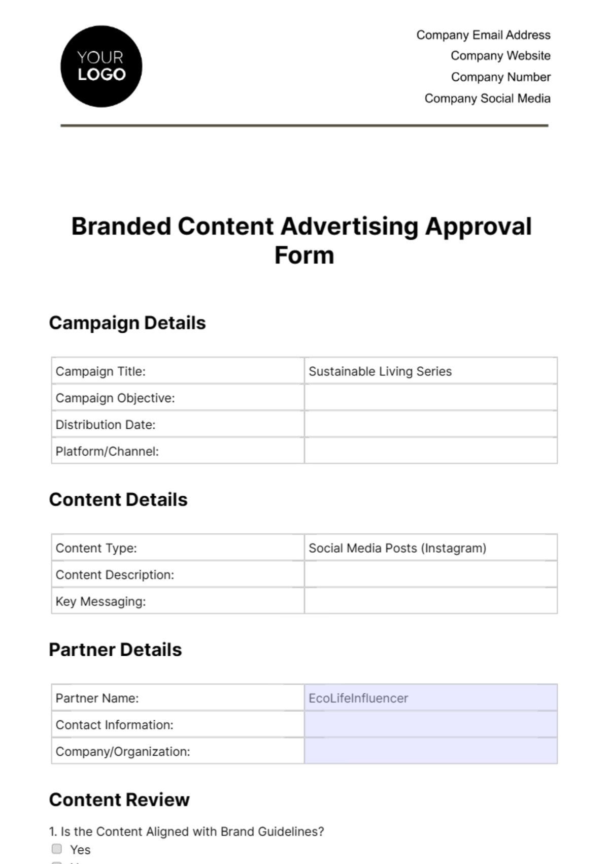 Branded Content Advertising Approval Form Template