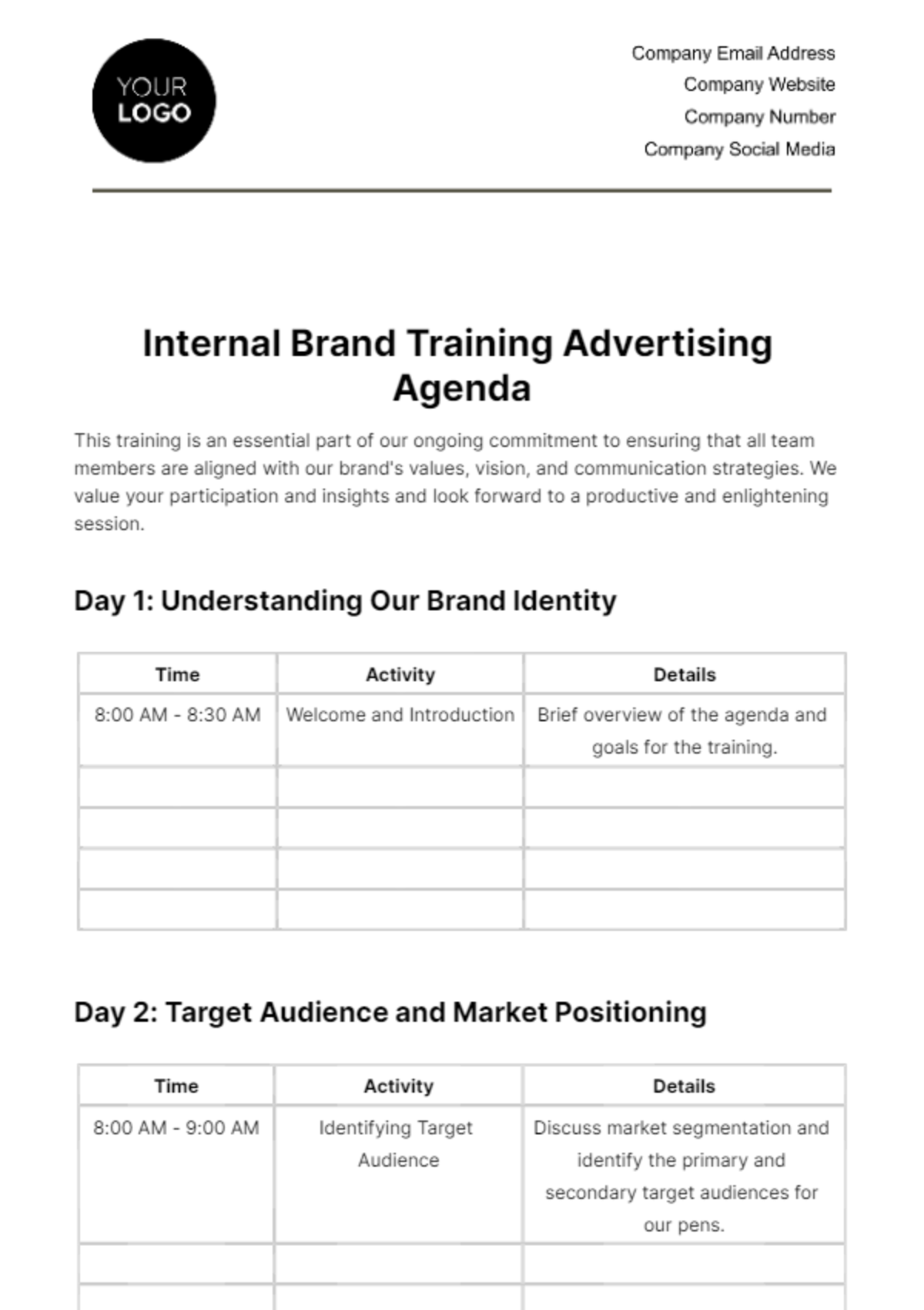 Internal Brand Training Advertising Agenda Template