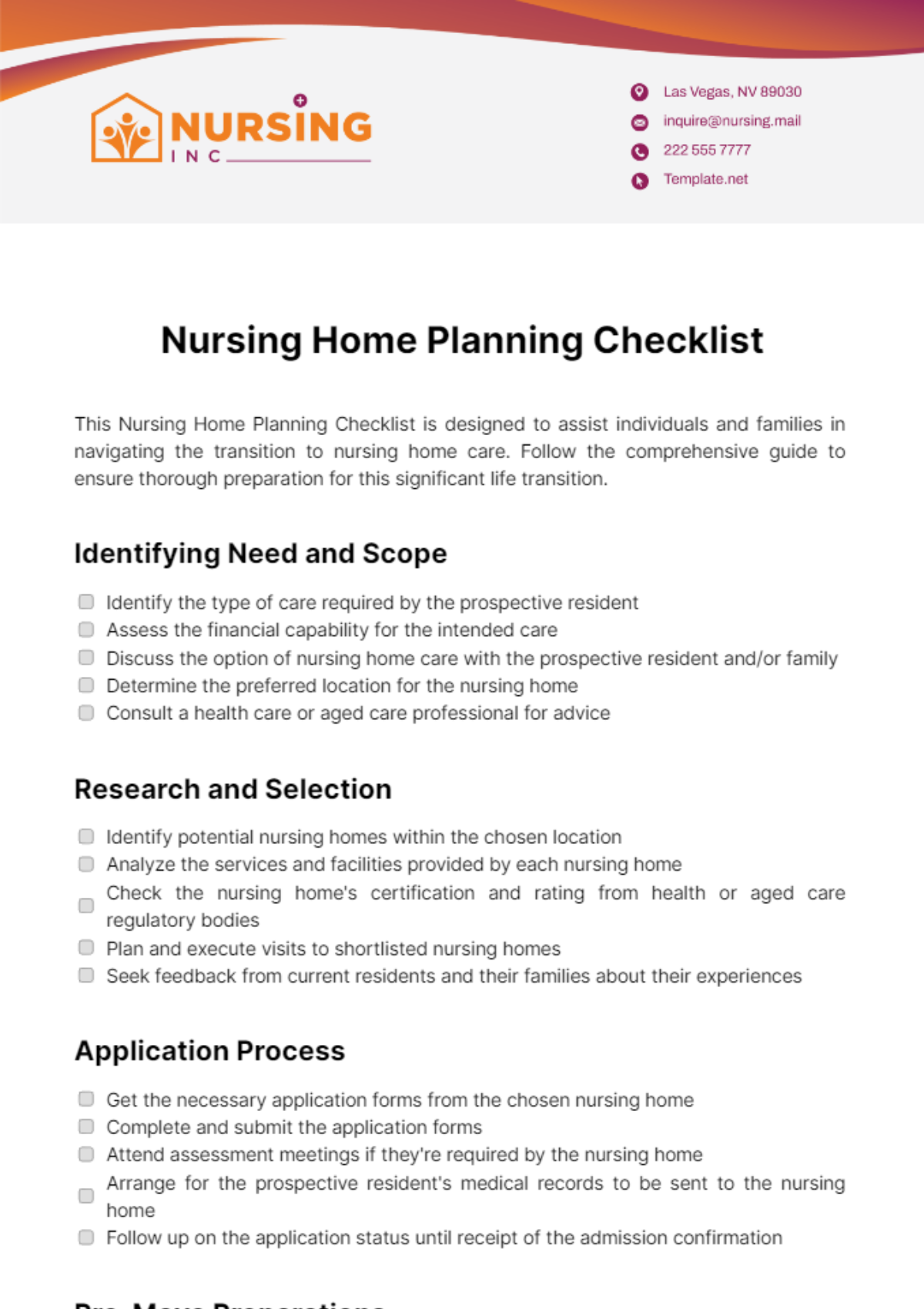 Nursing Home Planning Checklist Template