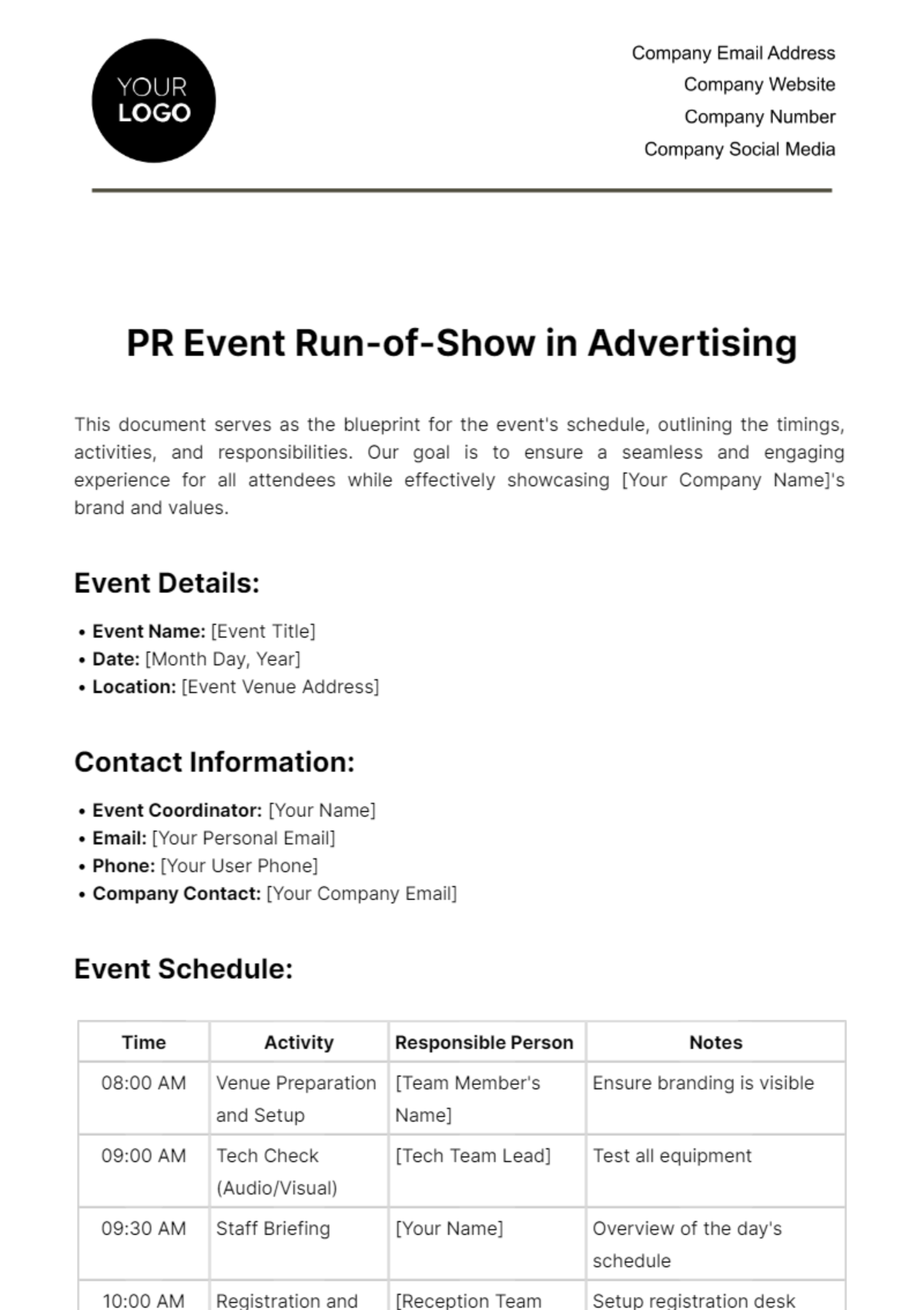 PR Event Run-of-Show in Advertising Template