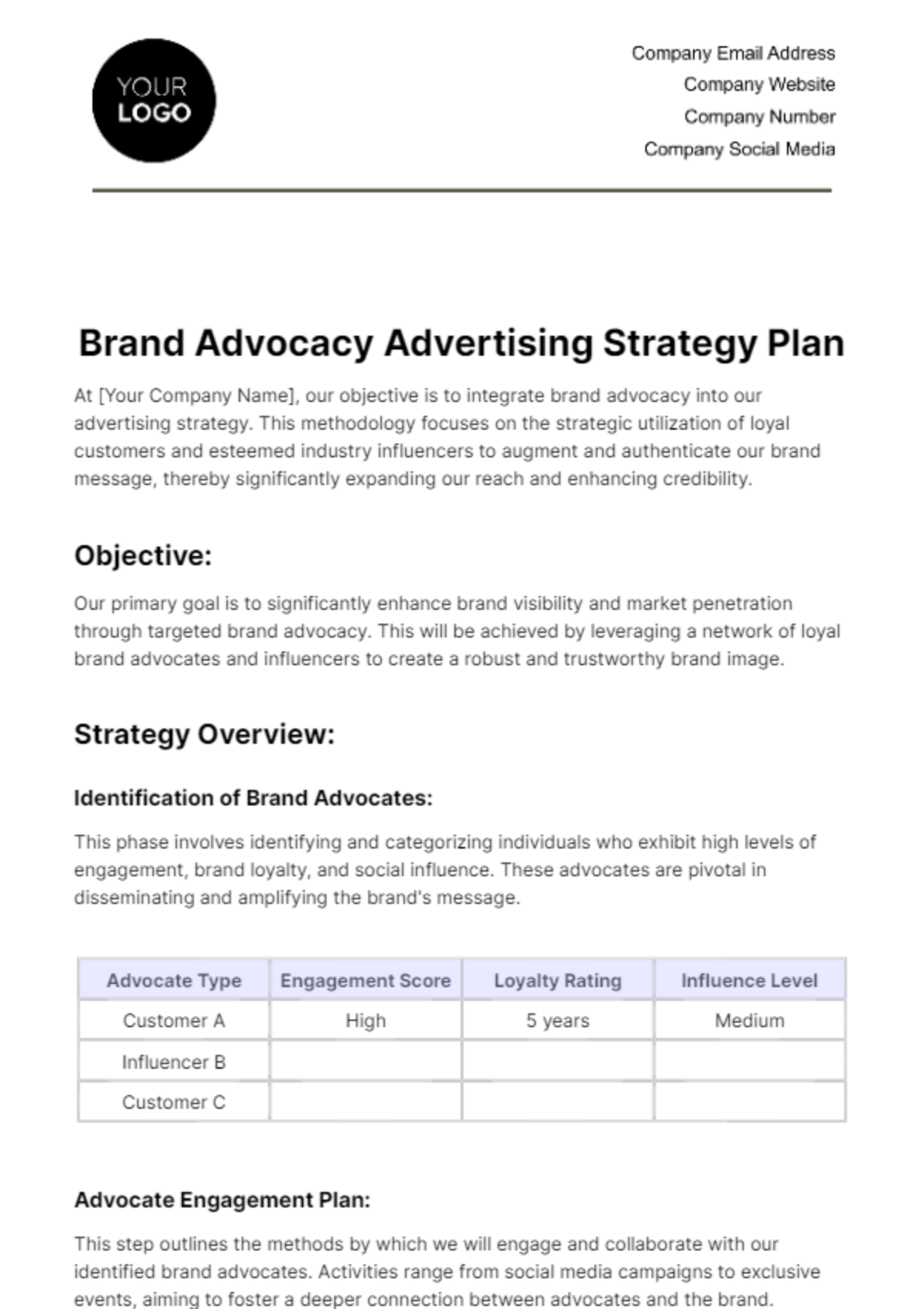 Brand Advocacy Advertising Strategy Plan Template