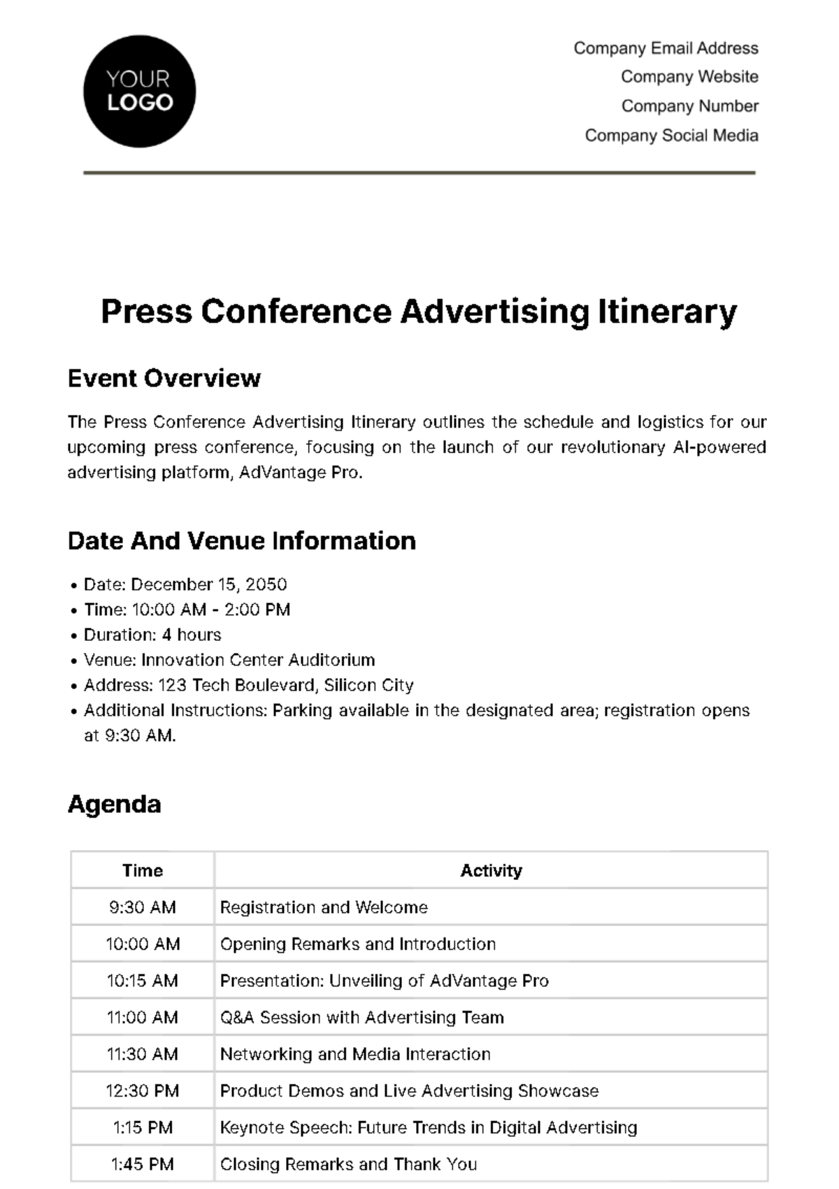 Press Conference Advertising Itinerary Template