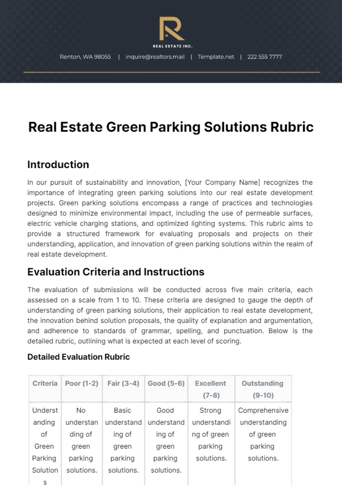 Free Real Estate Green Parking Solutions Rubric Template
