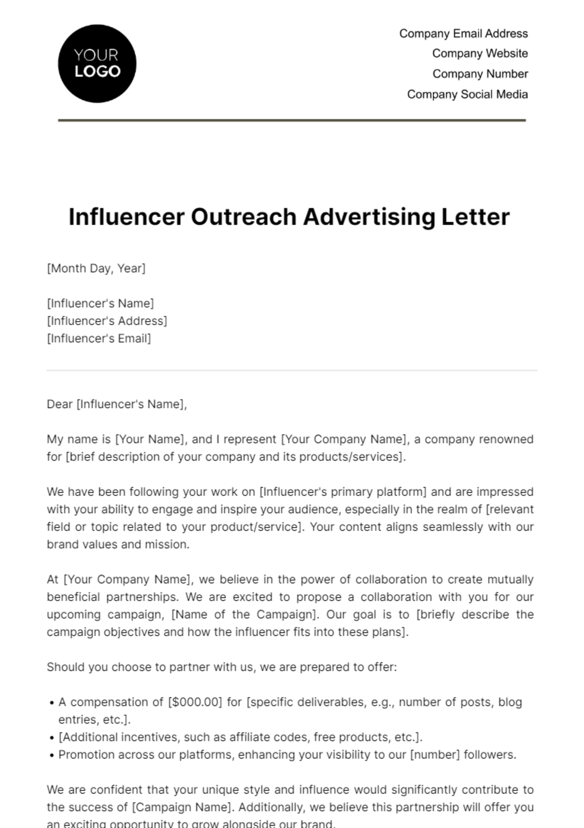 Free Influencer Outreach Advertising Letter Template