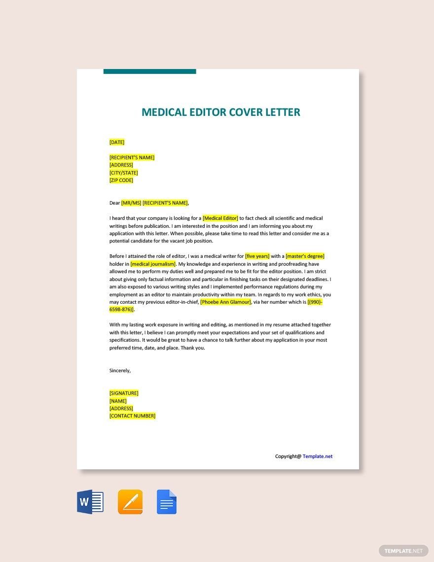 Medical Editor Cover Letter in Word, Google Docs, PDF, Apple Pages