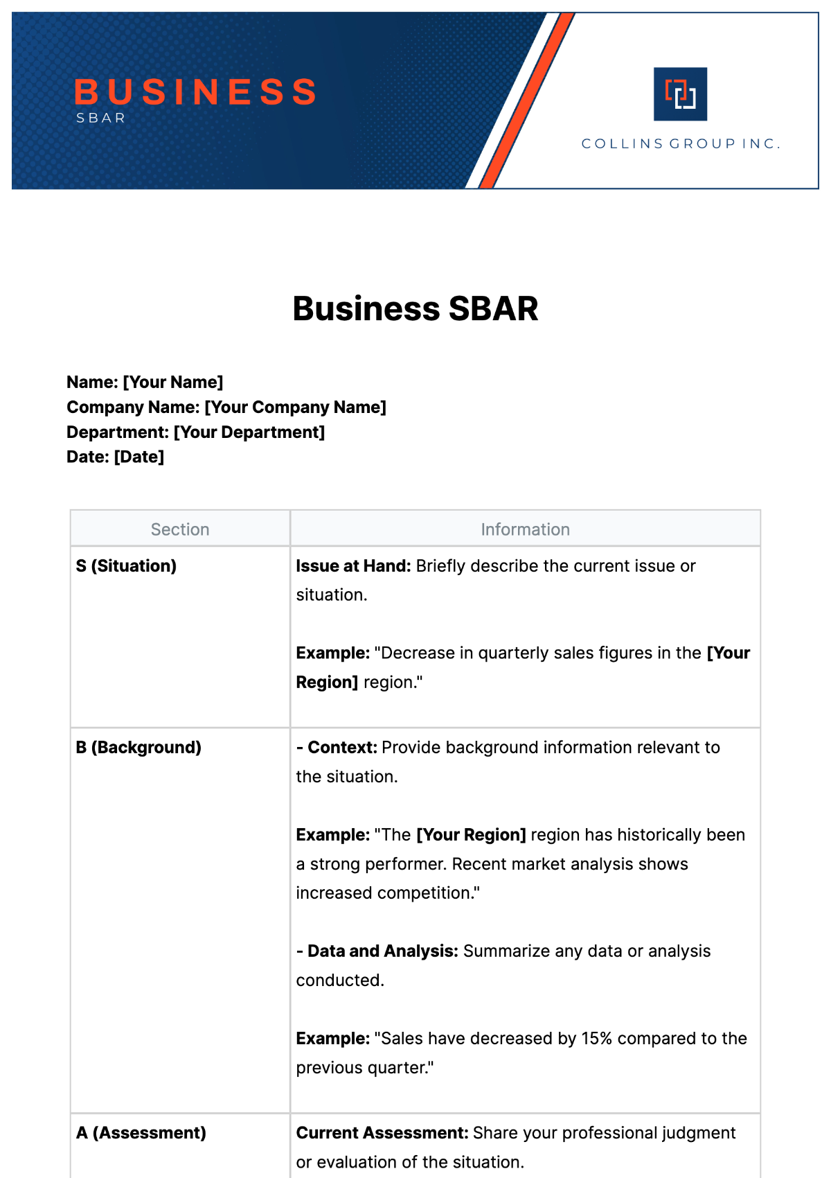 Business SBAR Template