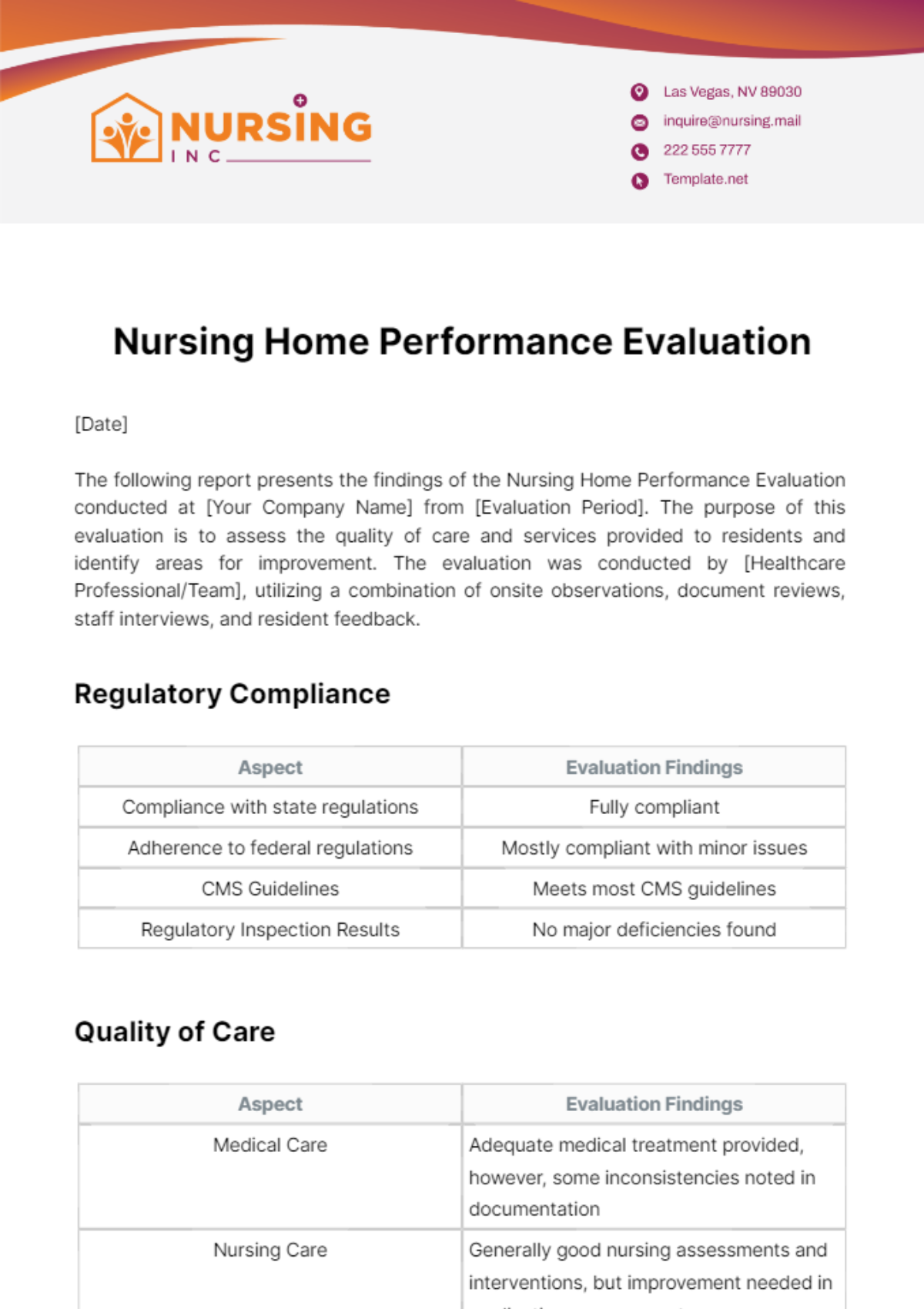 Nursing Home Performance Evaluation Template