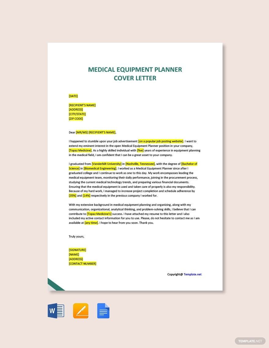 Free Medical Equipment Planner Cover Letter Template