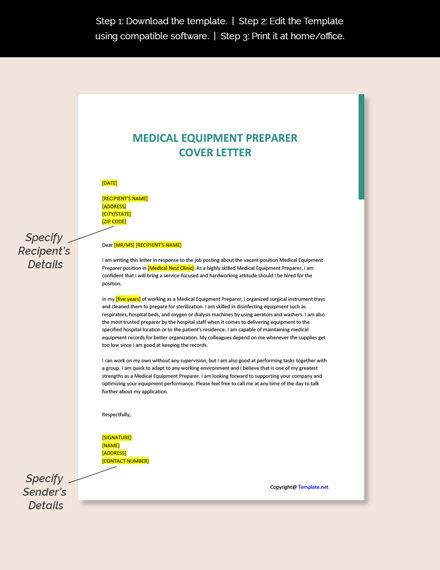 Medical Equipment Preparer Cover Letter Template [Free PDF] - Word ...