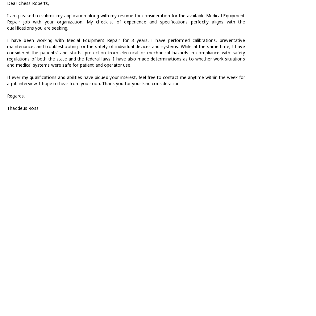 Free Medical Equipment Repair Cover Letter Template - Google Docs, Word ...