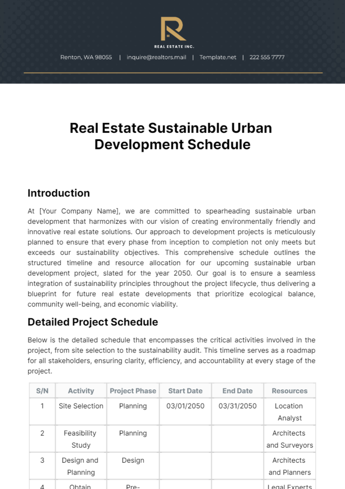 Real Estate Sustainable Urban Development Schedule Template