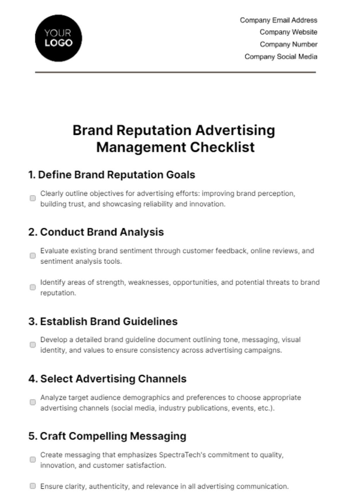 Brand Reputation Advertising Management Checklist Template