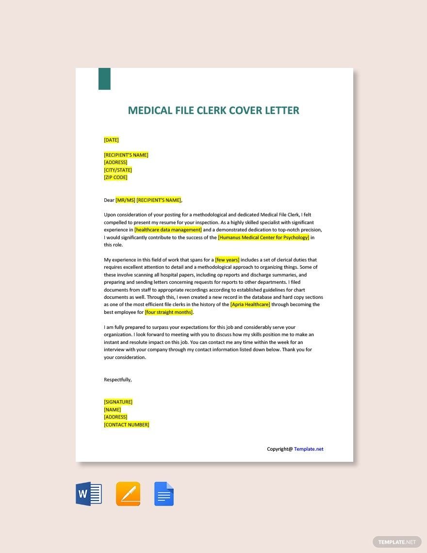 Medical File Clerk Cover Letter in Word, Google Docs, PDF, Apple Pages