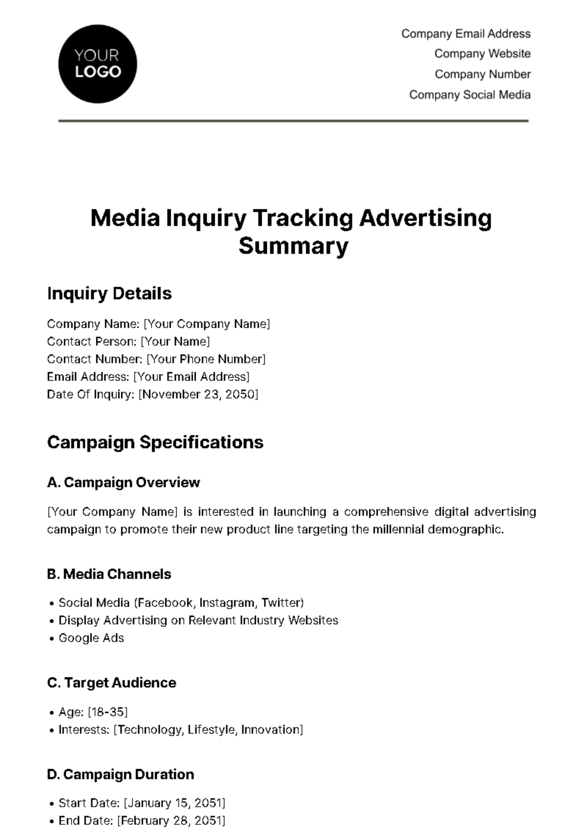 Media Inquiry Tracking Advertising Summary Template