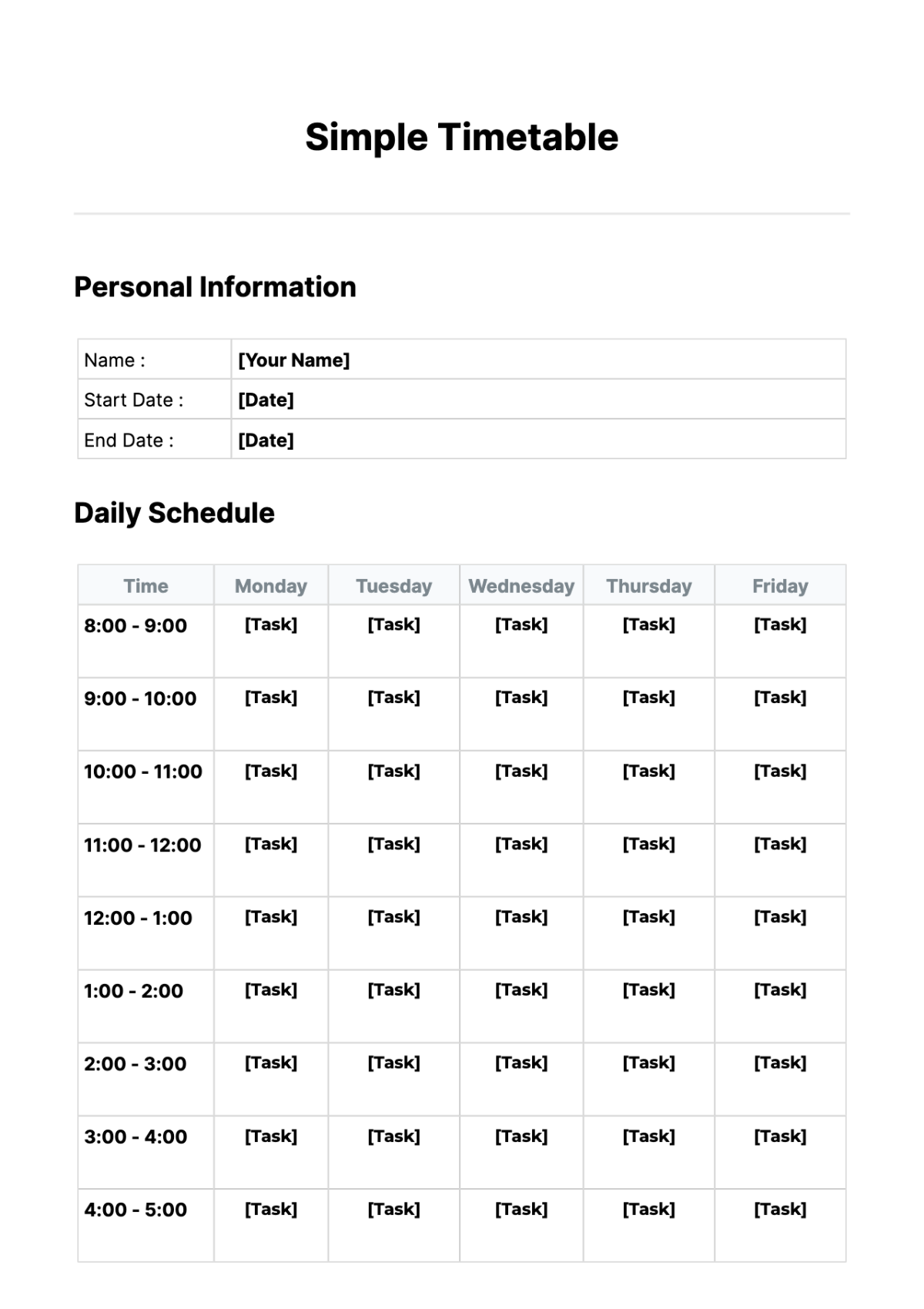 Simple Timetable Template