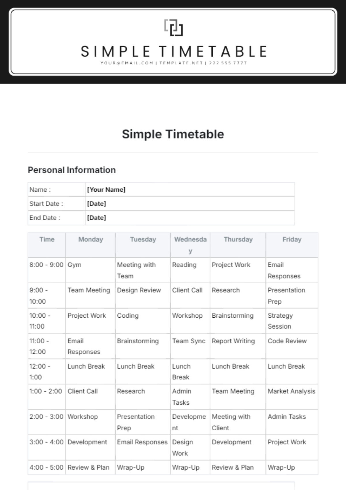 Simple Timetable Template - Edit Online & Download