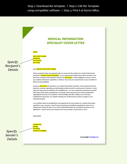 Medical Information Specialist Cover Letter Template Free Pdf Google Docs Word Template Net