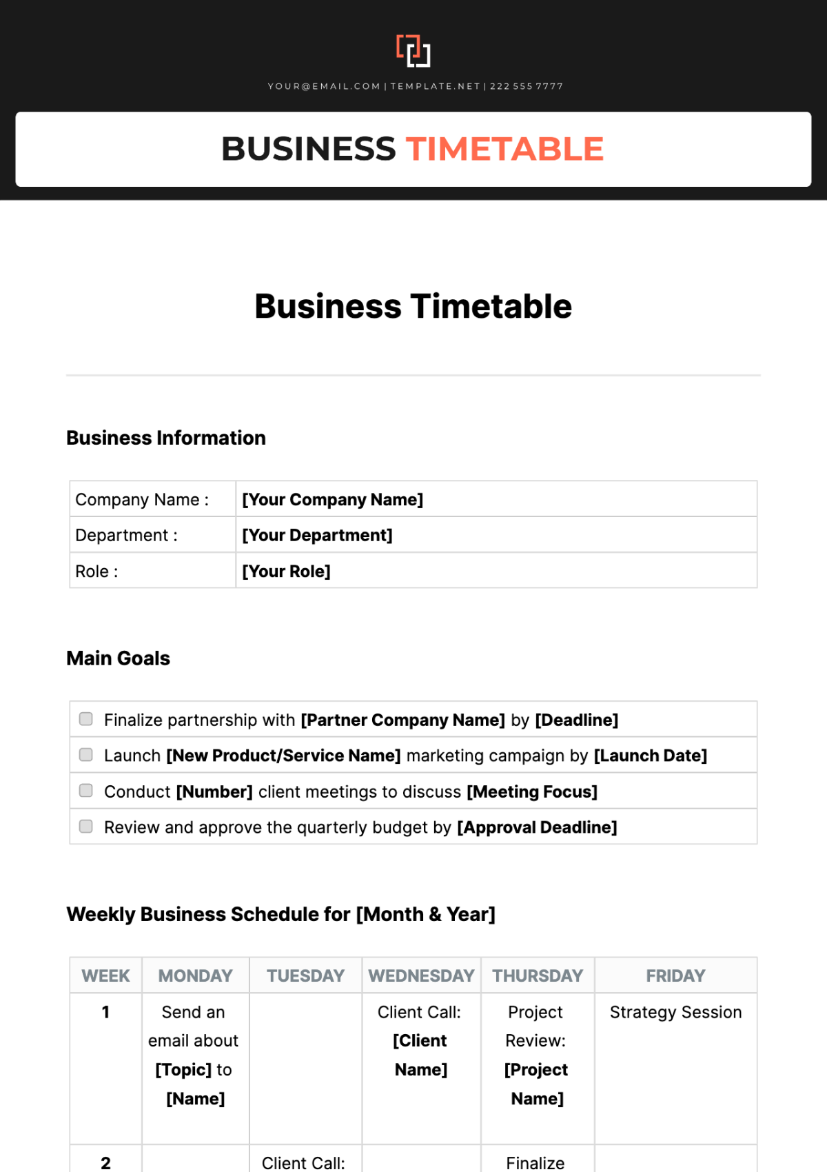 Business Timetable Template