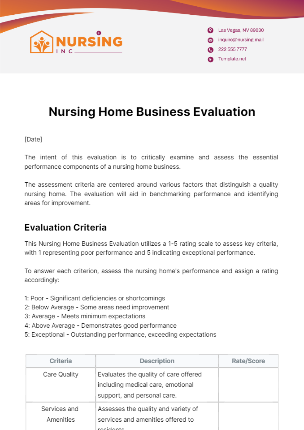 Nursing Home Business Evaluation Template