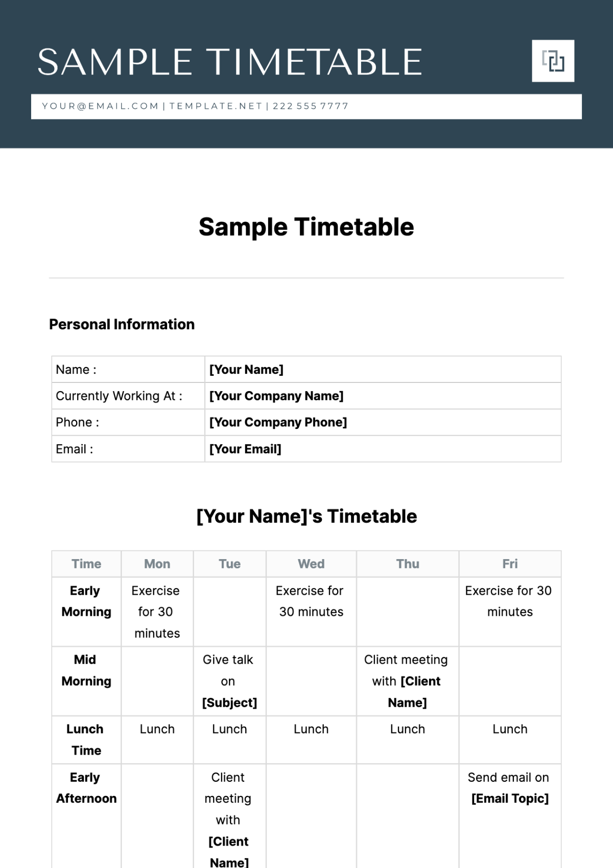 Sample Timetable Template