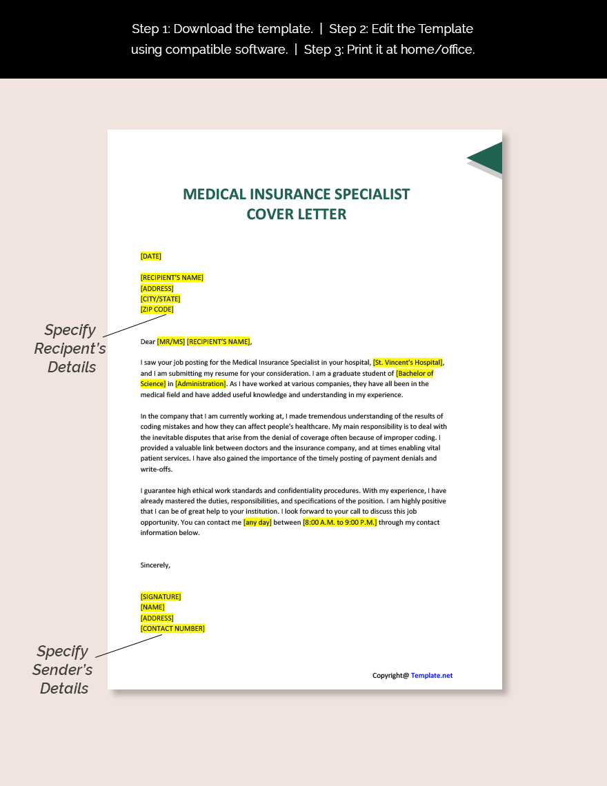 Medical Insurance Specialist Cover Letter Template
