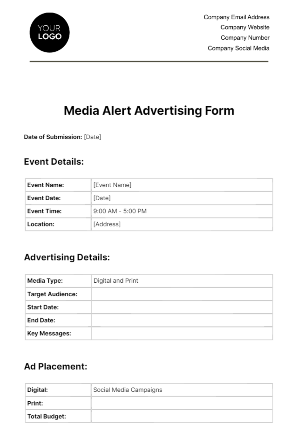 Media Alert Advertising Form Template