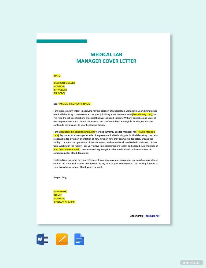 Medical Lab Manager Cover Letter