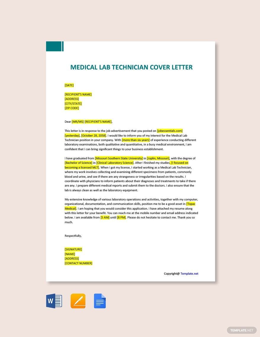 Medical Lab Technician Cover Letter