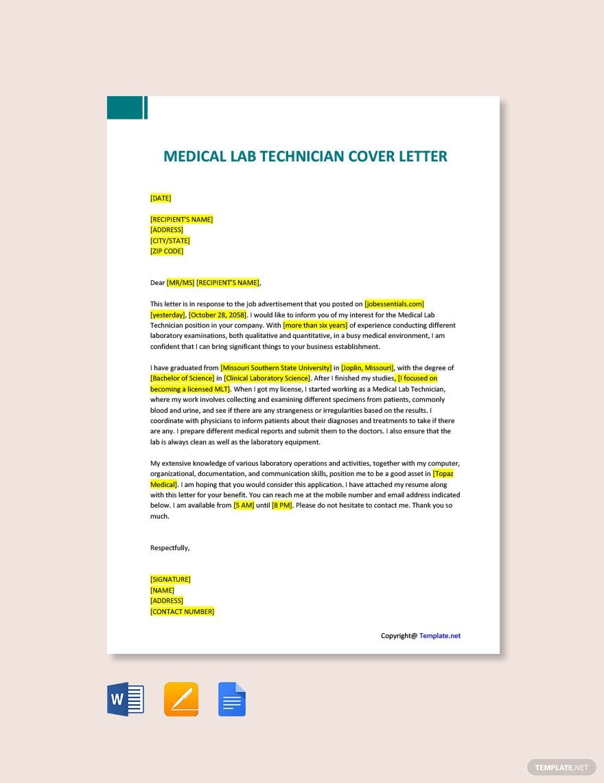 Medical Lab Technician Cover Letter in Word, Google Docs, PDF, Apple Pages