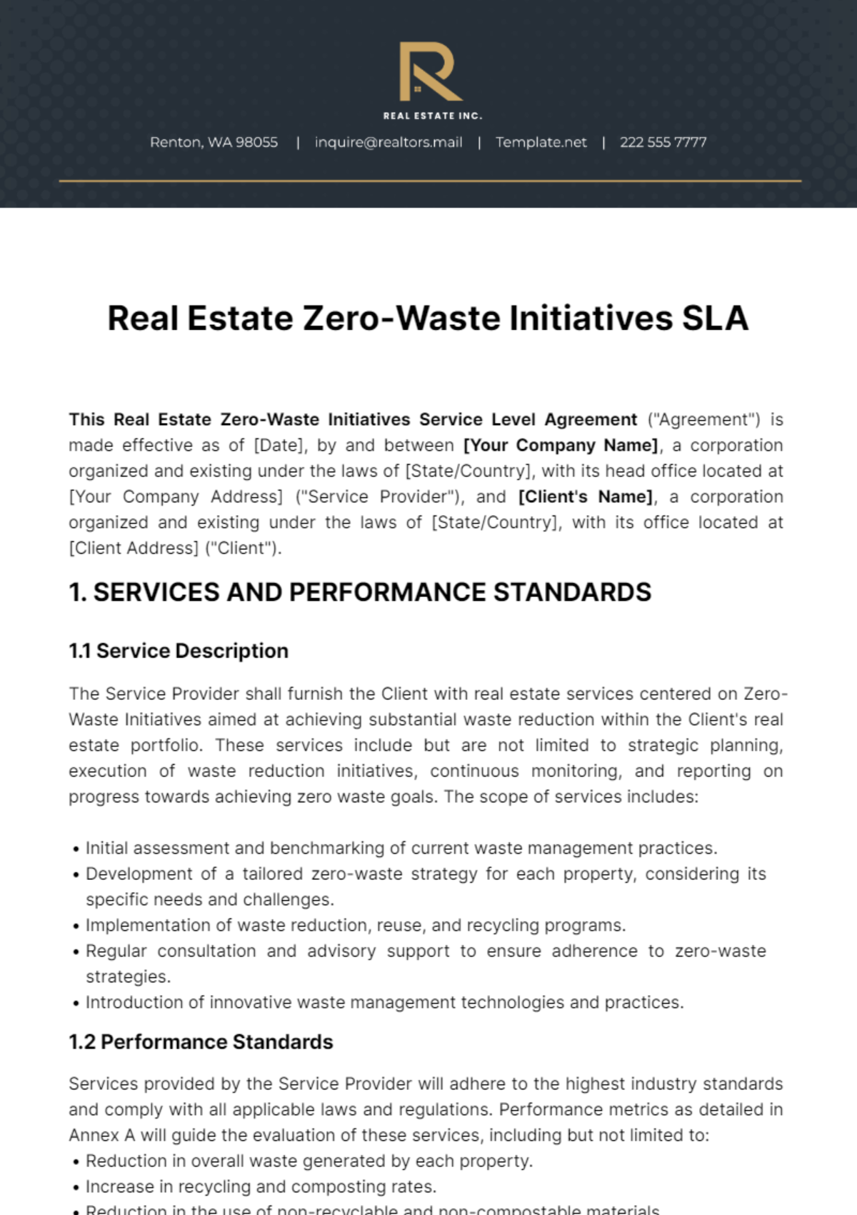 Free Real Estate Zero-Waste Initiatives SLA Template