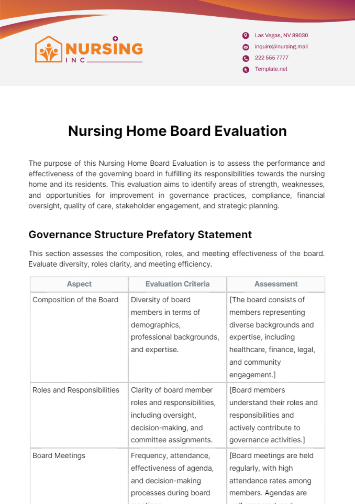 Nursing Home Board Evaluation Template