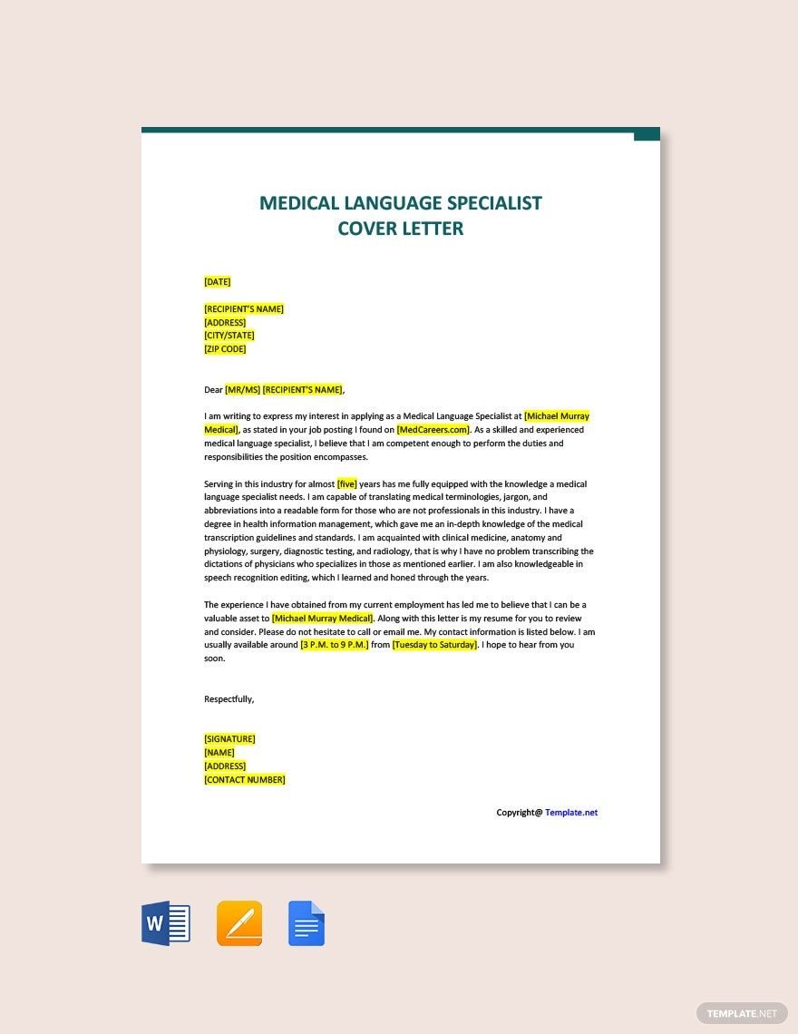 Free Medical Language Specialist Cover Letter in Word, Google Docs, PDF, Apple Pages