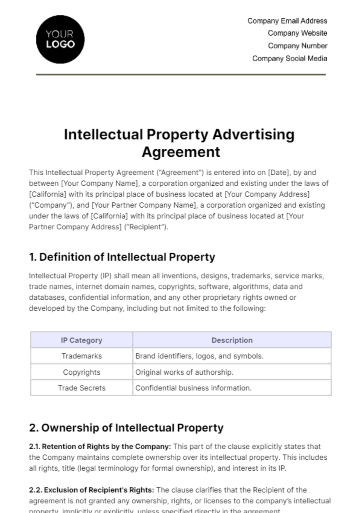 Free Intellectual Property Advertising Agreement Template