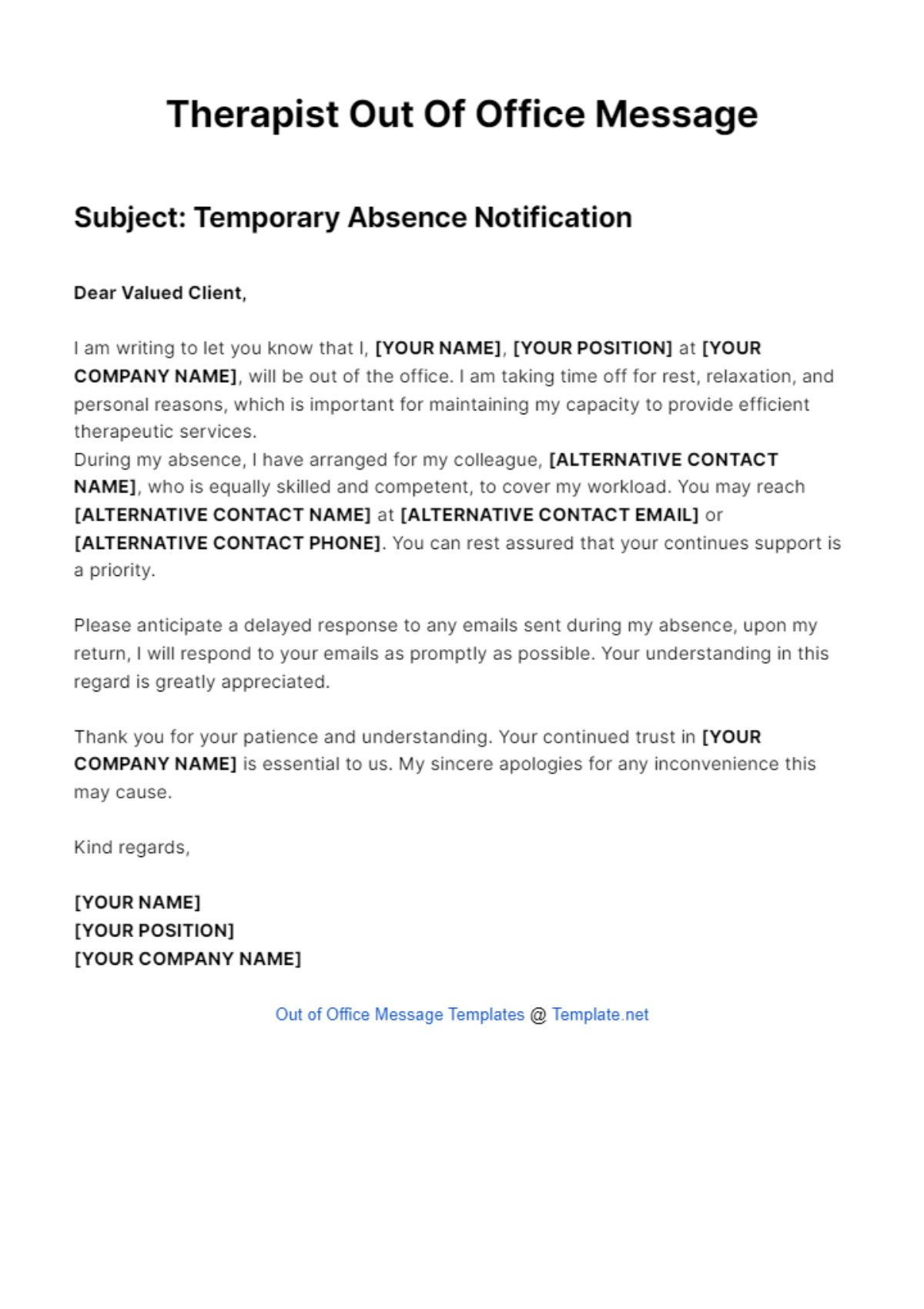 Therapist Out Of Office Message Template - Edit Online & Download
