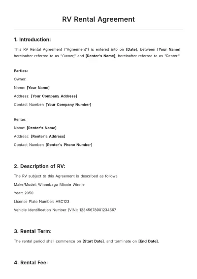 Free Rv Rental Agreement Template to Edit Online