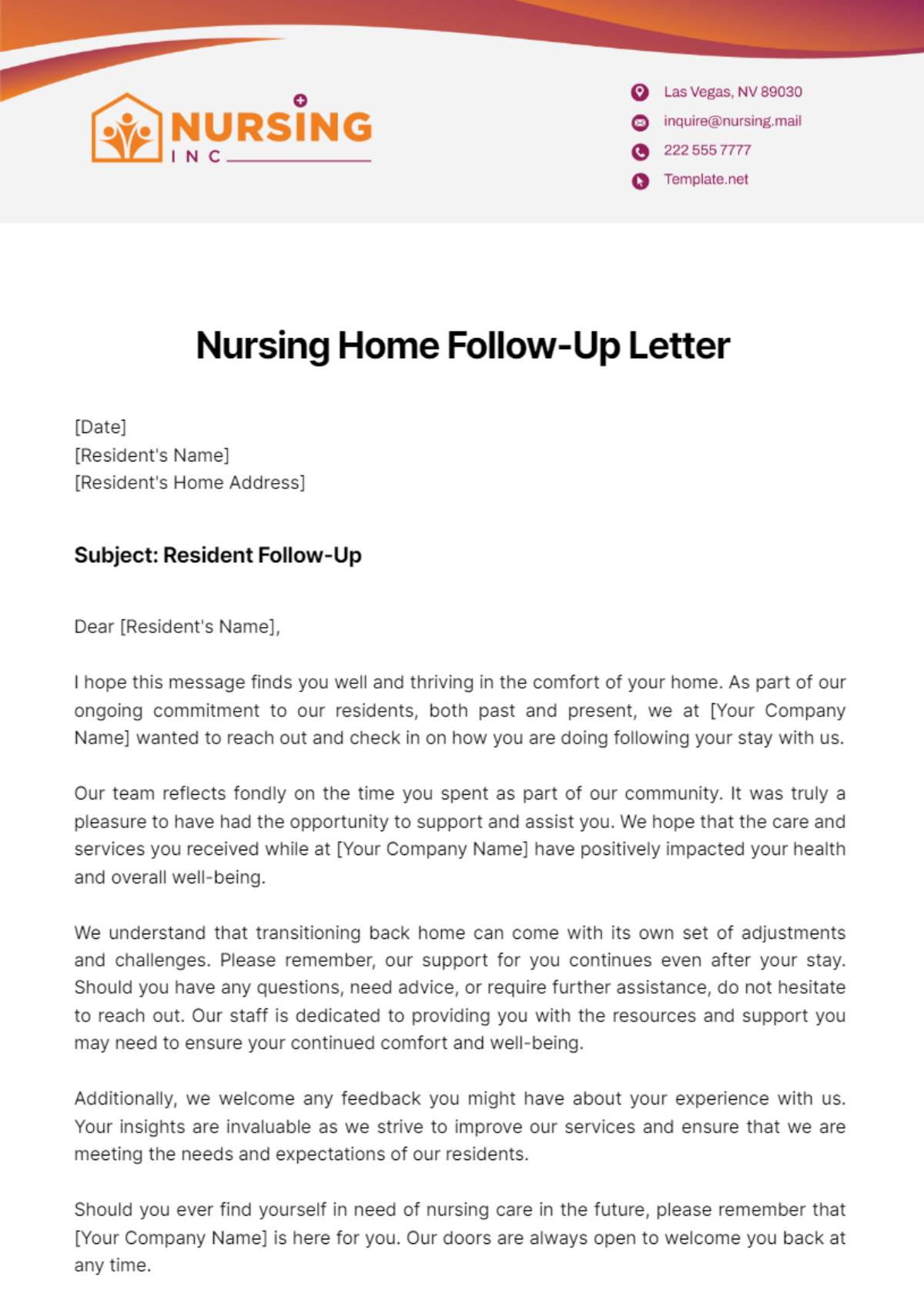 Nursing Home Follow-Up Letter Template