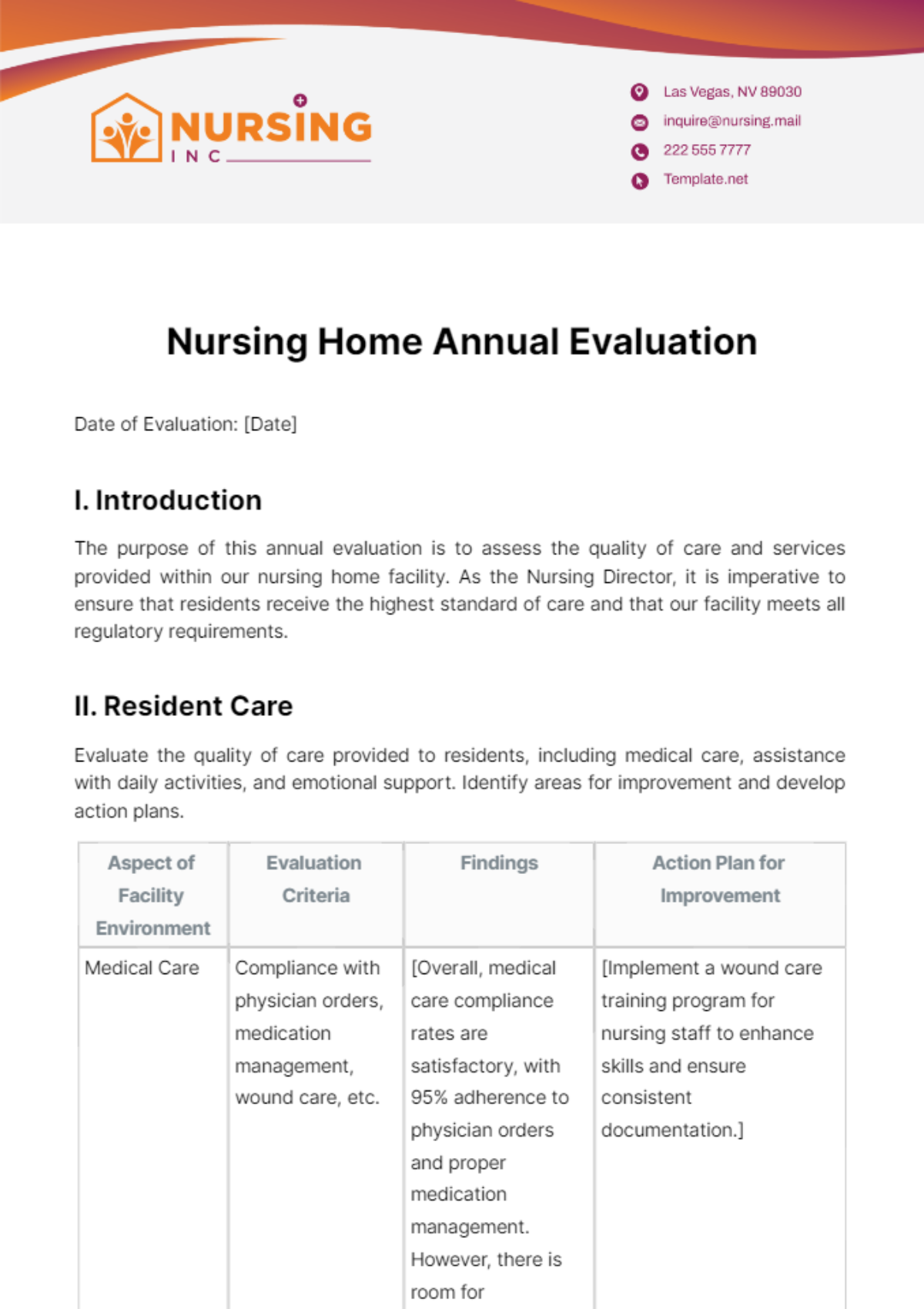 Nursing Home Annual Evaluation Template