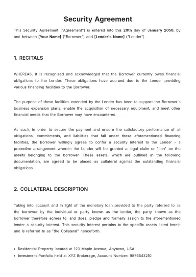 Free Security Agreement Template to Edit Online