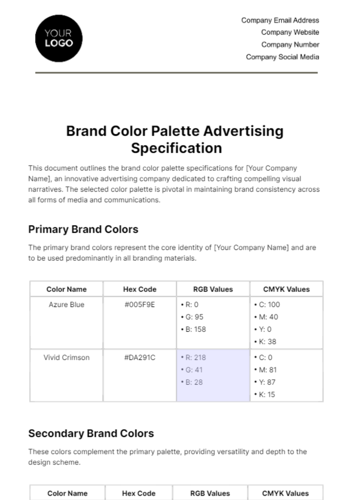 Brand Color Palette Advertising Specification Template