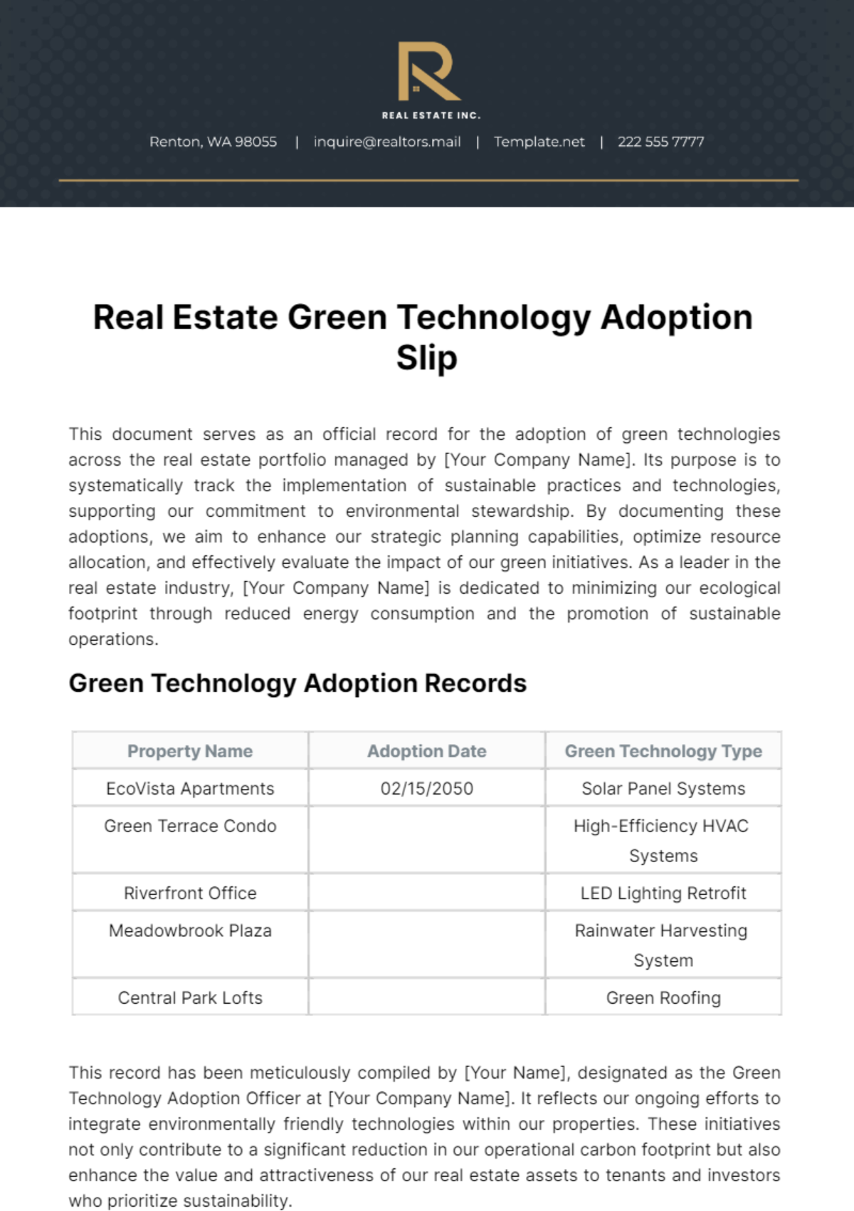 Free Real Estate Green Technology Adoption Slip Template