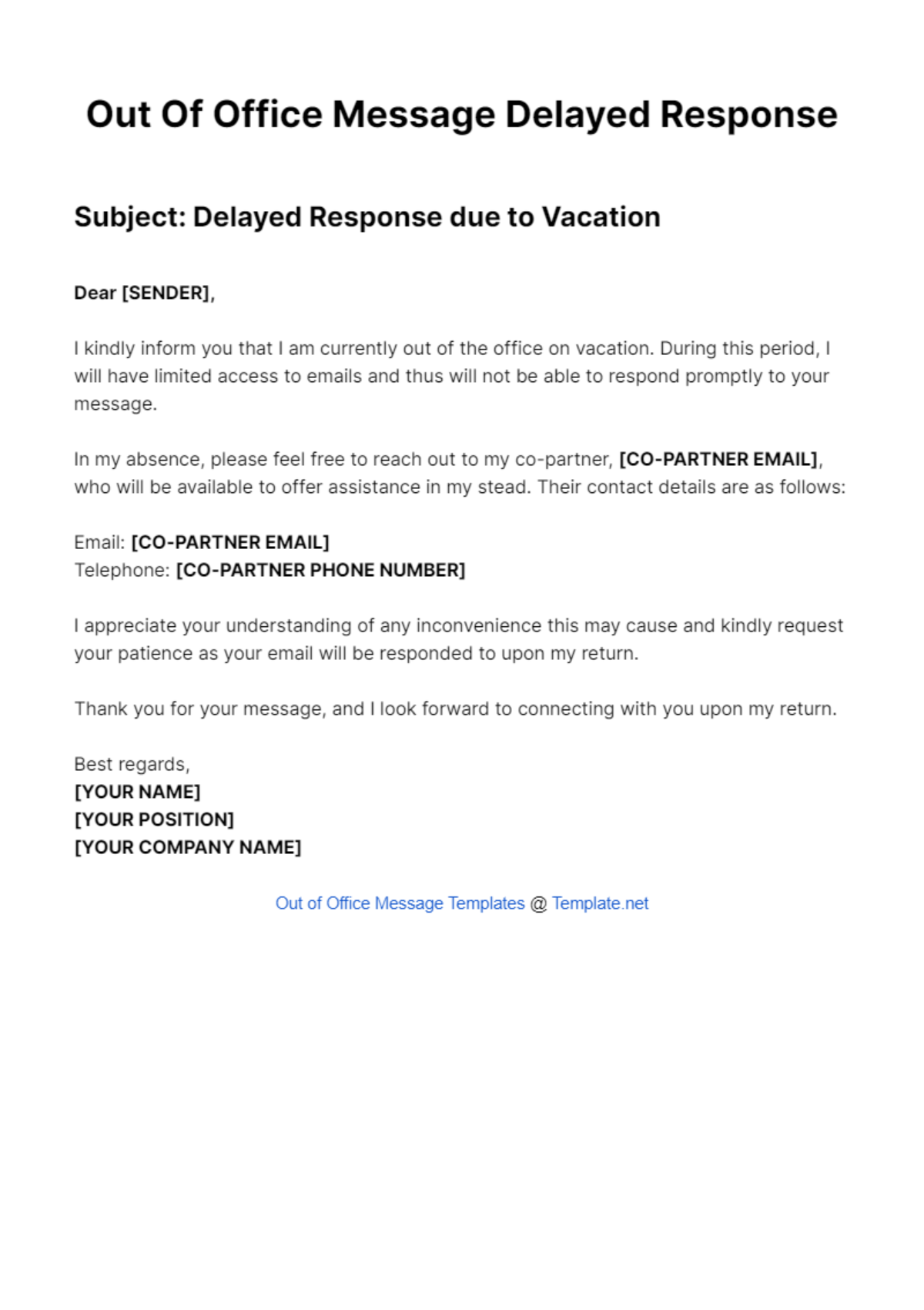 Out Of Office Message Delayed Response Template