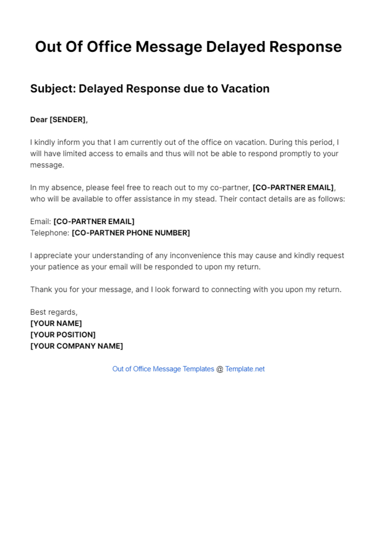 Out Of Office Message Delayed Response Template - Edit Online & Download