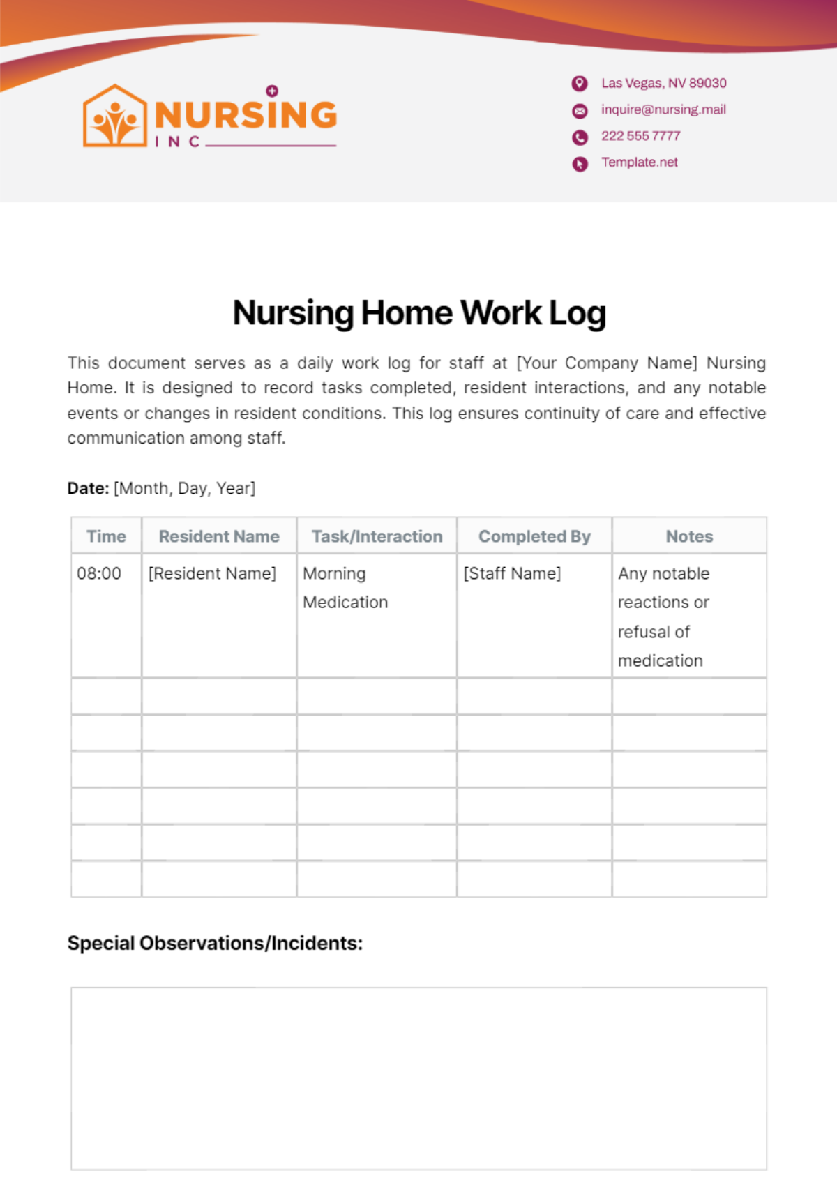 Nursing Home Work Log Template