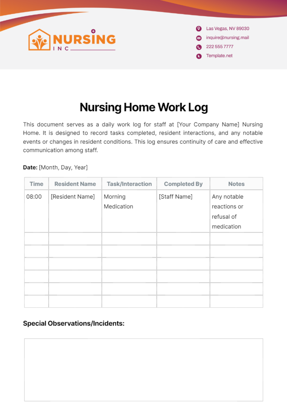 Nursing Home Work Log Template - Edit Online & Download