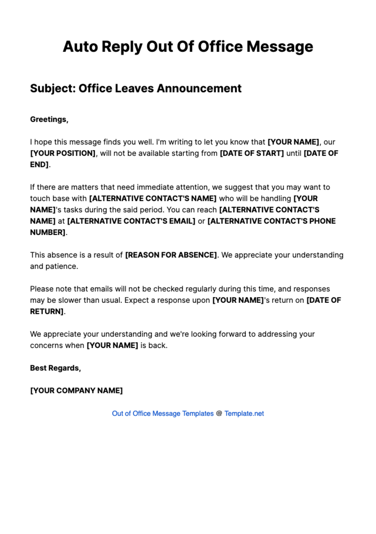 Auto Reply Out Of Office Message Template