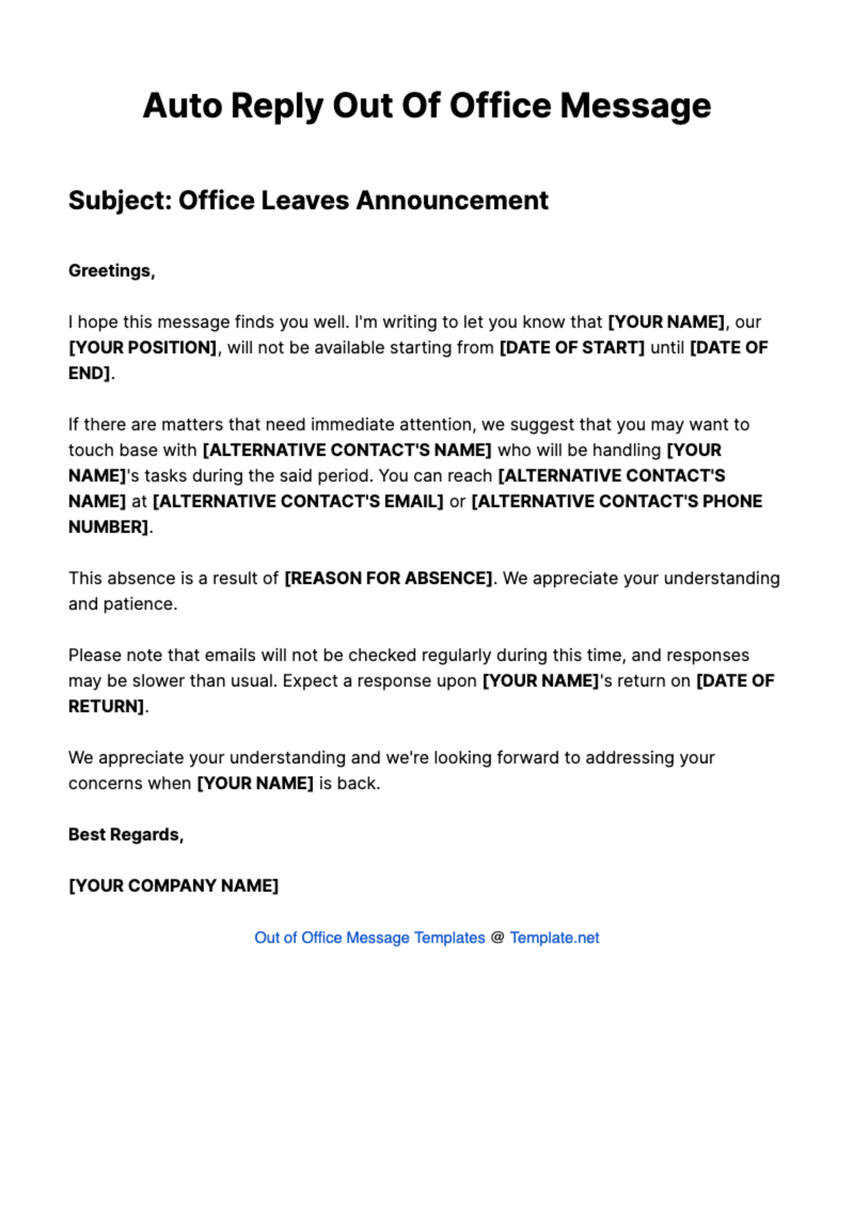 Auto Reply Out Of Office Message Template - Edit Online & Download