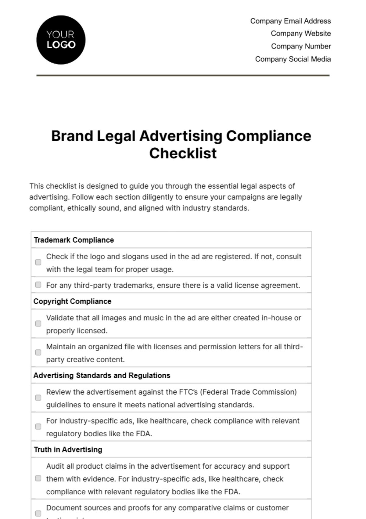Brand Legal Advertising Compliance Checklist Template